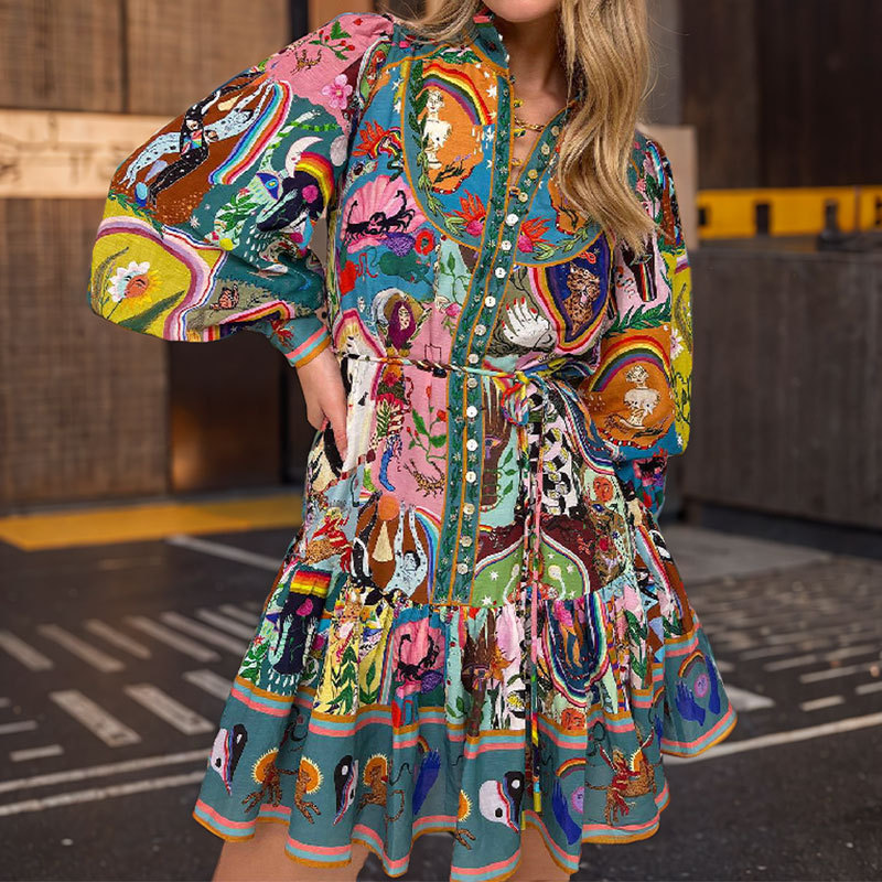 2025 Cross-border European and American women's clothing printed round neck, cinched waist, lace-up, pleated ruffled, retro pleated European and American dress full figure