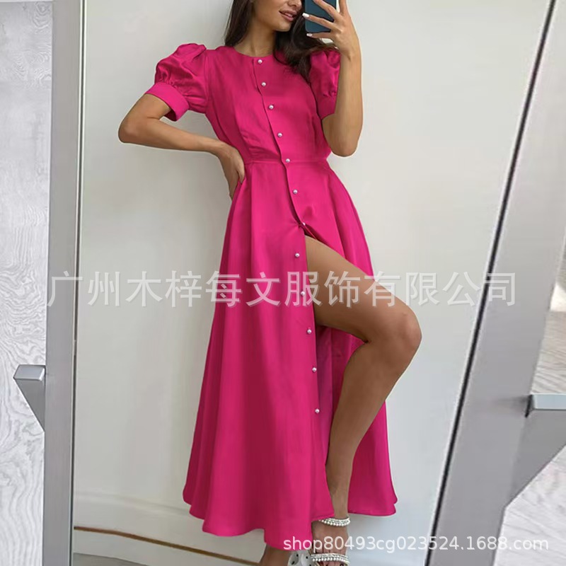 2025 Independent Station Cross-border European and American women's clothing new cardigan slimming and elegant high-waisted dress with short sleeves details Picture