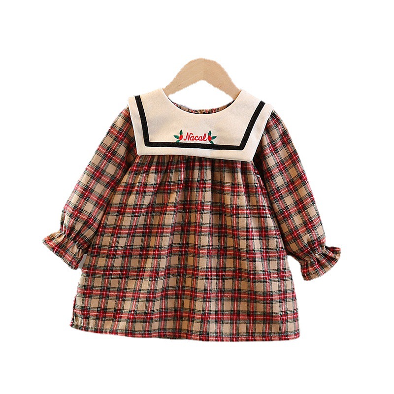 New autumn 2022 girls' long-sleeved dress, children's school style, navy collar princess dress, baby checkered dress Item Picture