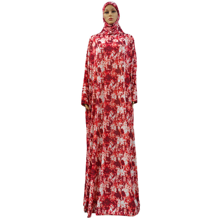 Vintage Tie-Dye Print Dubai Ethnic Style Worship Dress One-Piece Hooded Dress Specification drawing
