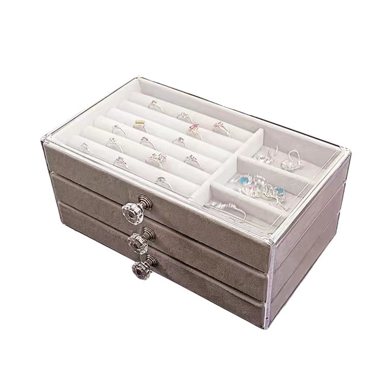Three-layer flannelette jewelry storage box Earrings storage box jewelry dust-proof multi-functional drawer type treasure box Item Picture