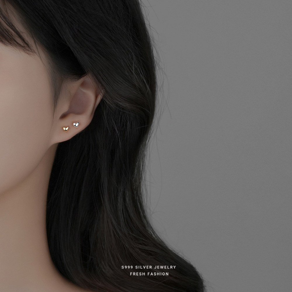 S999 Full Silver Heart Stud Earrings Women's Ear Piercing Sleep Without Picking Heart-Shaped Niche Earrings Valentine's Day Earrings details Picture