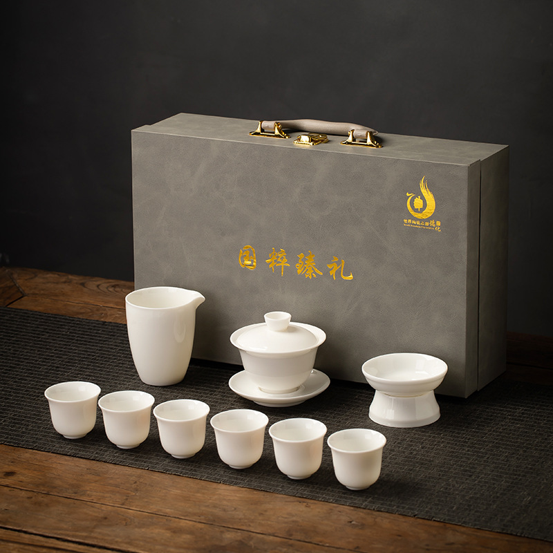 Factory direct sales of pure white Dehua jade porcelain Gongfu tea sets, wholesale available, light luxury gift box with logo Application Scenario