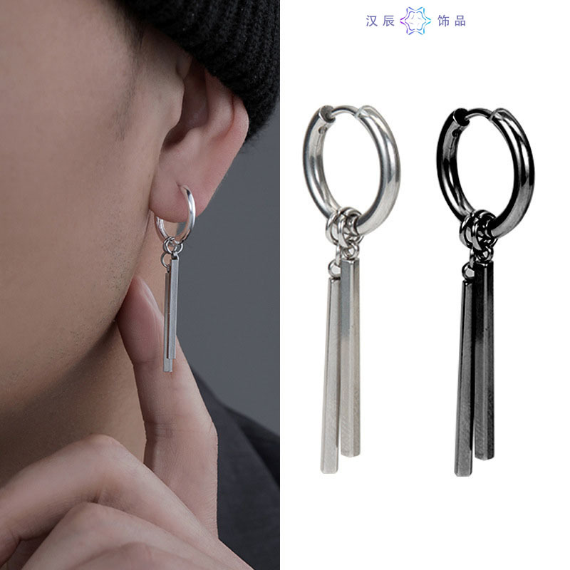 Rectangular stick double stick earrings, men's titanium steel long stick ear clips, women's niche, simple and high-end accessory