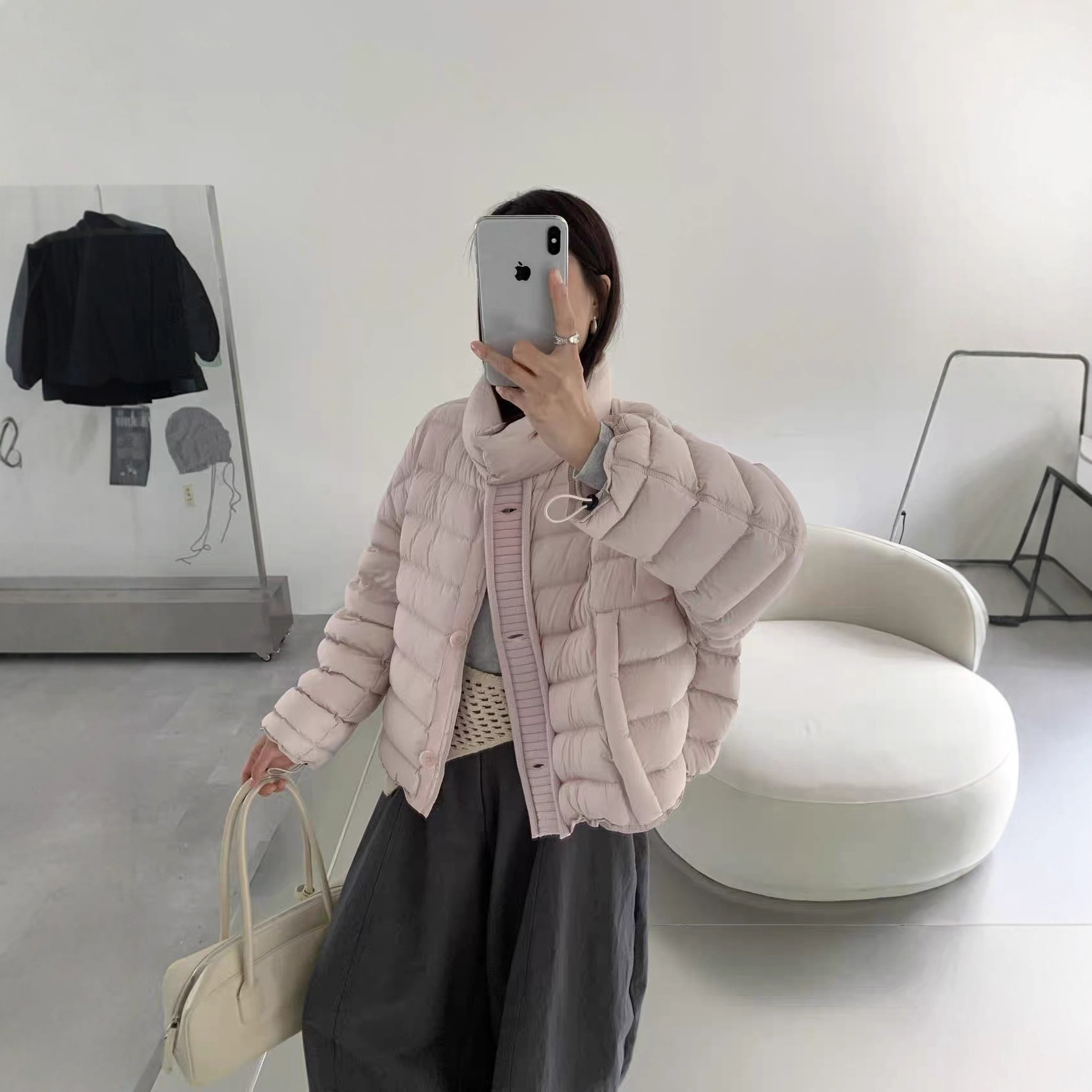 2025冬季新款90白鸭绒羽绒服女针织拼接休闲百搭面包服潮