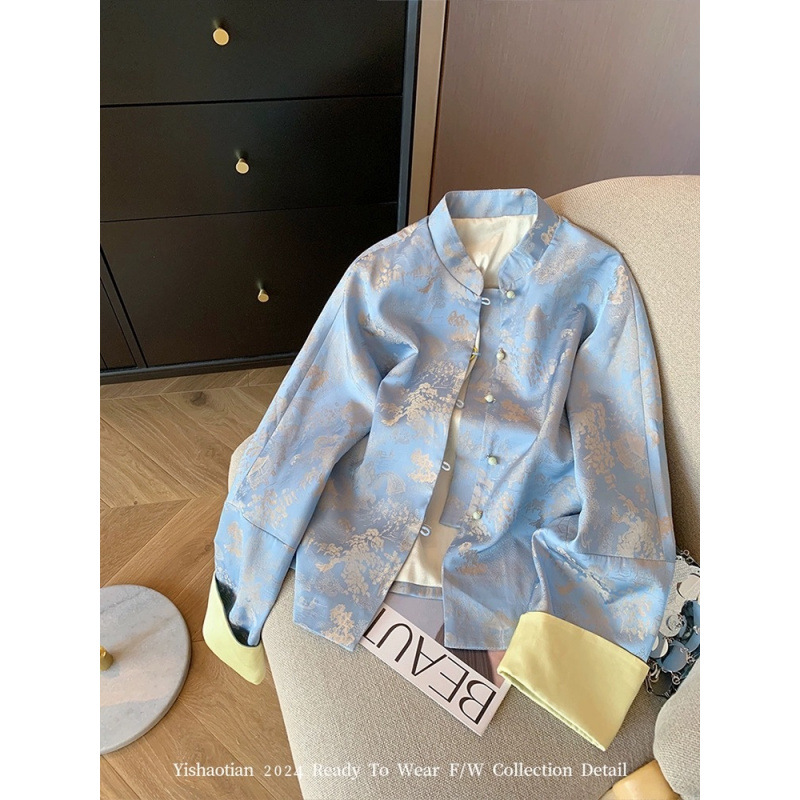 新中式蓝色醋酸缎面提花盘扣外套女2024年春季国风高级感禅意上衣