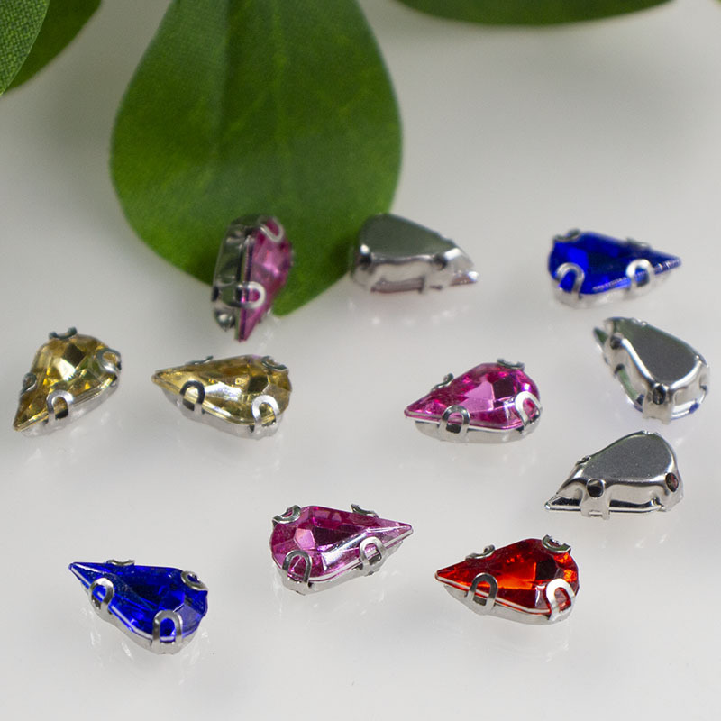 6*10mm水滴亚克力爪钻 带孔手缝钻 白K底托 diy服饰装饰材料配件