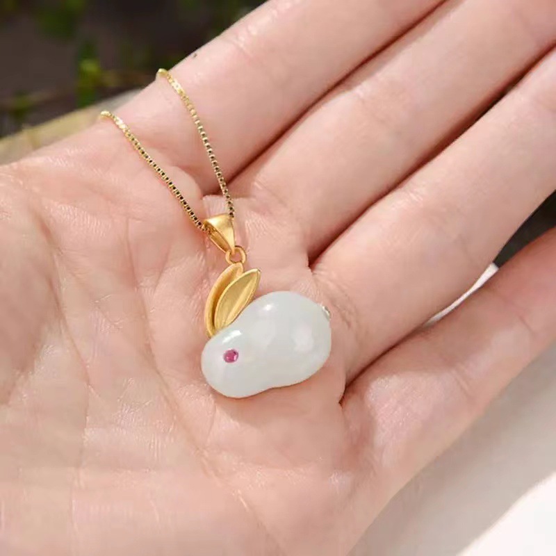 Hetian Jade Rabbit Pendant S925 Silver and gold plated lovely Jade Rabbit earrings necklace bracelet ring fairy jewelry set Item Picture