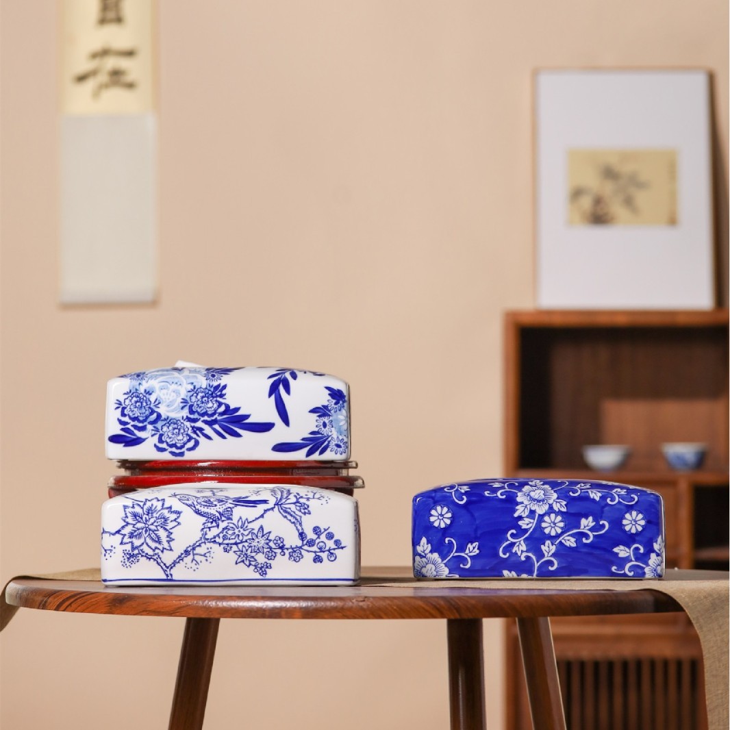 青花瓷陶瓷纸巾盒客厅茶几新中式青花桌面餐巾抽纸盒客厅陶瓷摆件