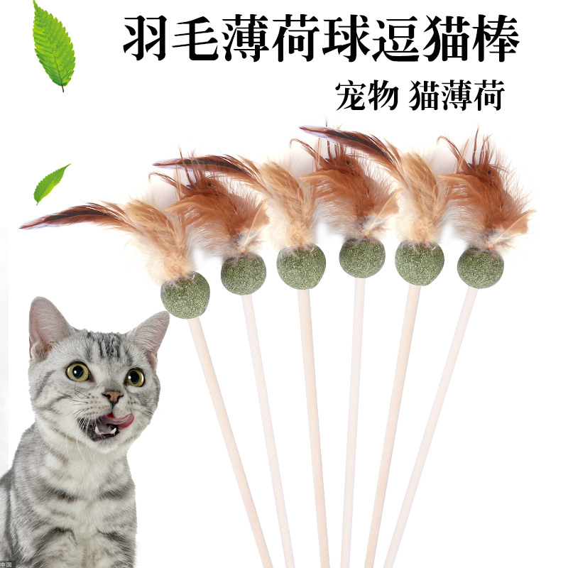 Catnip ball feather tease cat stick interactive wooden rod tease cat stick catnip feather tease cat toy