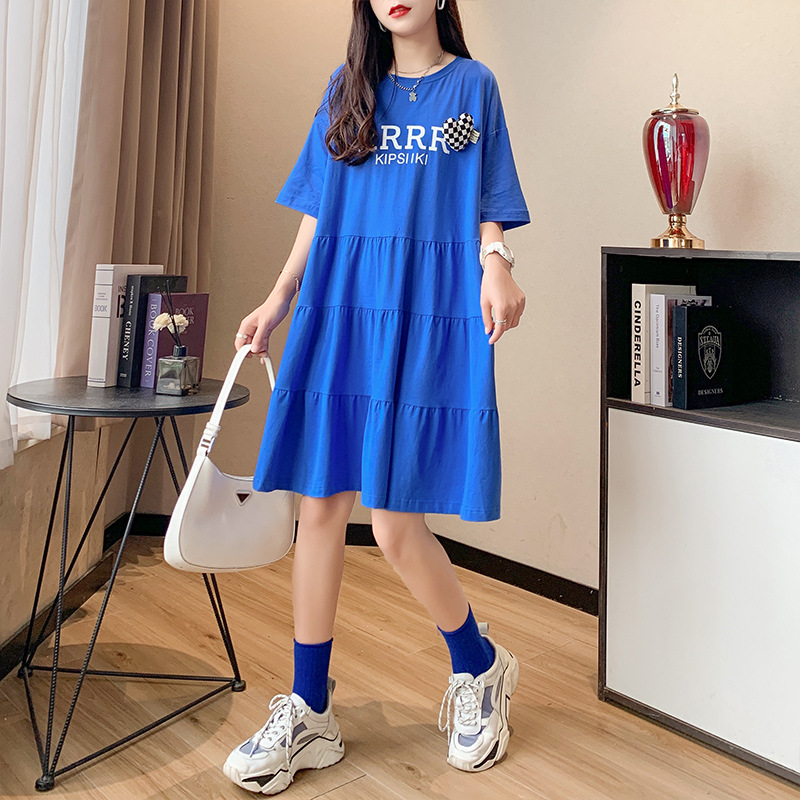 韩版潮流圆领短袖T恤女个性设计感字母宽松大码时髦中长款连衣裙详情图3
