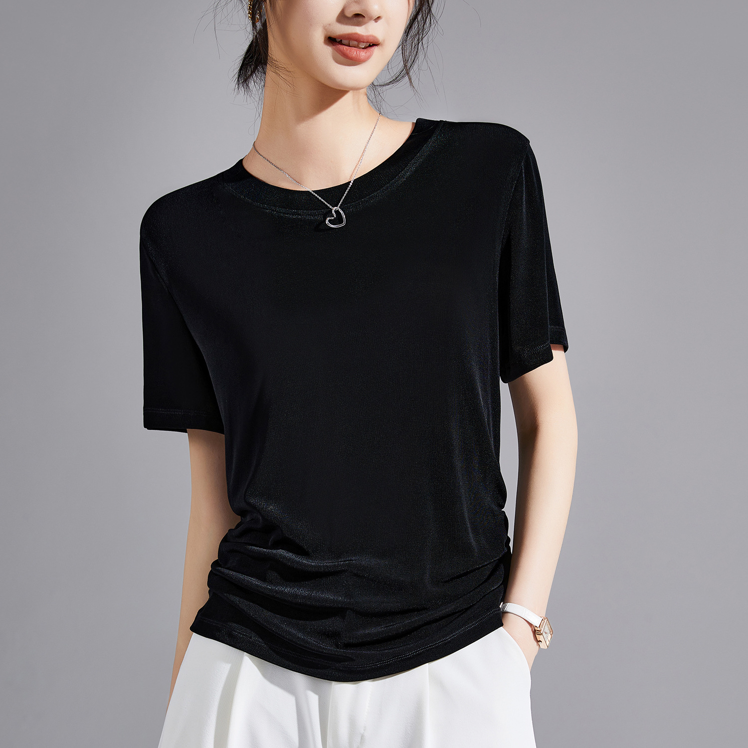 Imported Tencel triacetic acid short-sleeved T-shirt for women 2026 summer, featuring a round-neck design and off-the-shoulder top