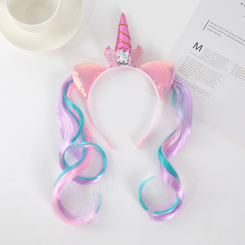 儿童可爱假发彩色独角兽发箍韩版女孩生日节日道具宝宝头箍发饰细节图