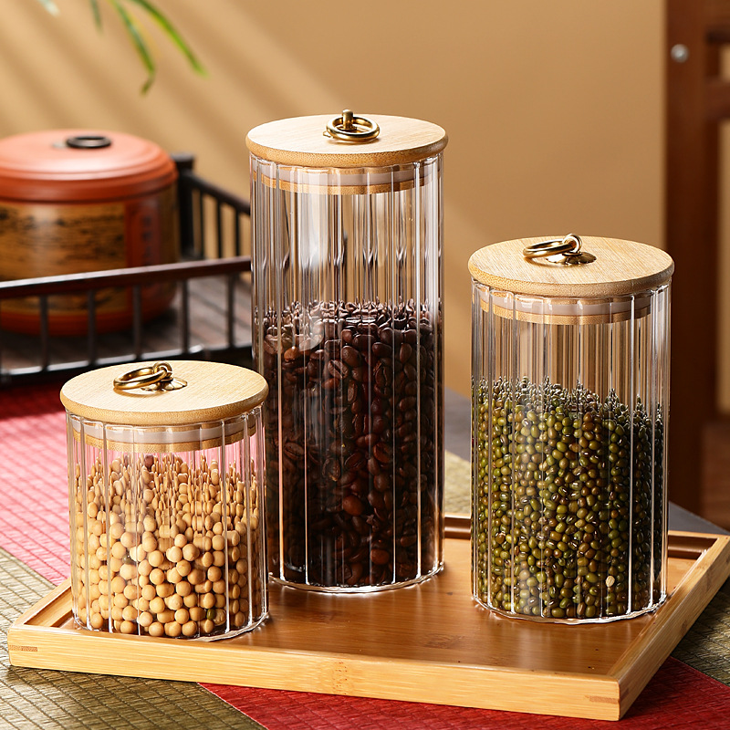 Broken bamboo lid glass tea canister, sealed canister, household kitchen grain storage box, storage jar, small storage jar Specification image
