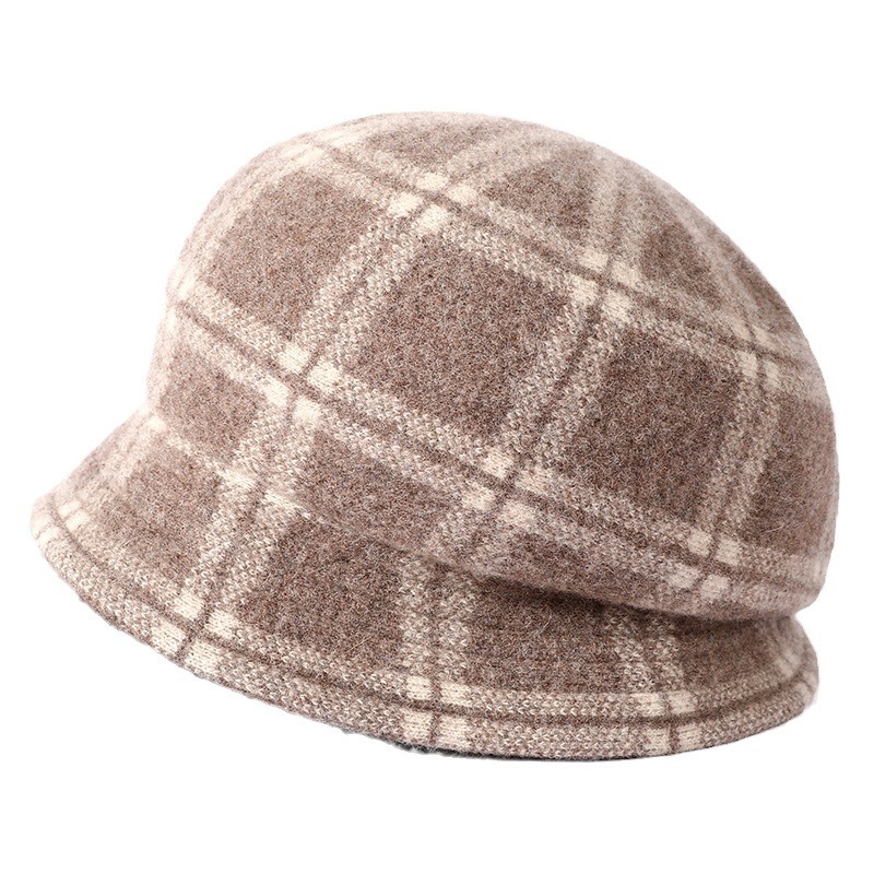 100% Quality Wool Basin Hat Women's Autumn-Winter Vintage Beret Checked Octagon Hat Warm Fisherman's Hat Item Picture