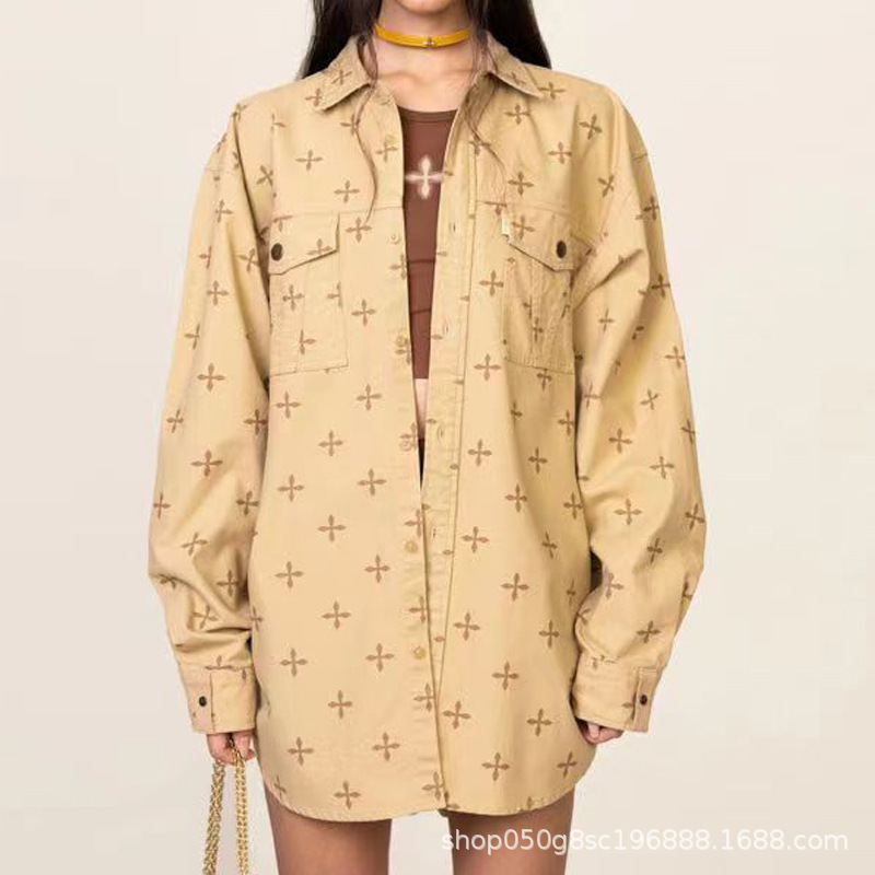 SMFK Garden wide-sleeved workwear shirt, retro college cross print, loose pure cotton long-sleeved shirt for women's spring style
