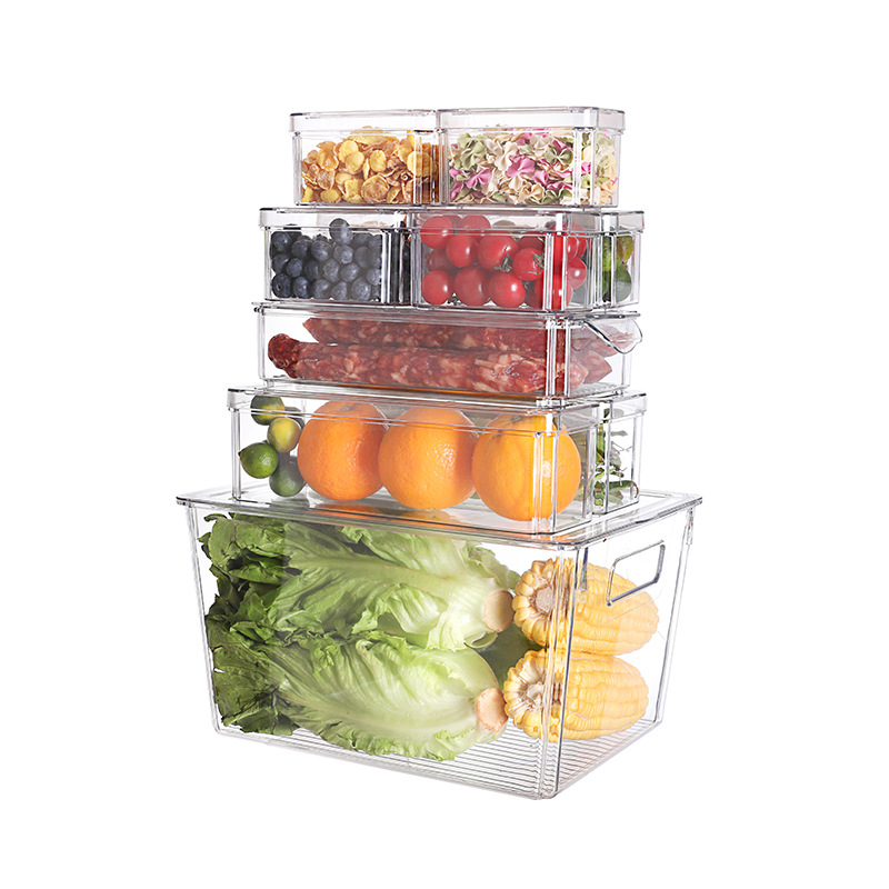 Plastic refrigerator storage box combination, kitchen organization with lid, household transparent freezer storage box, food preservation box Application Scenario