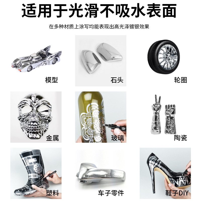 Silver Chrome Pen Highlighter Metal Mirror Reflective Paint Pen Diy Plastic Toy Model Graffiti Marker details Picture