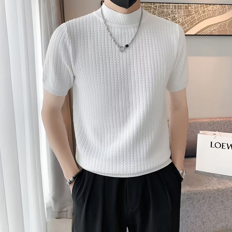 Semi-high-neck short-sleeved sweater for men, spring and autumn knitted sweater, new casual men's base layer, slimming half-sleeved long Johns, solid color Application Scenario