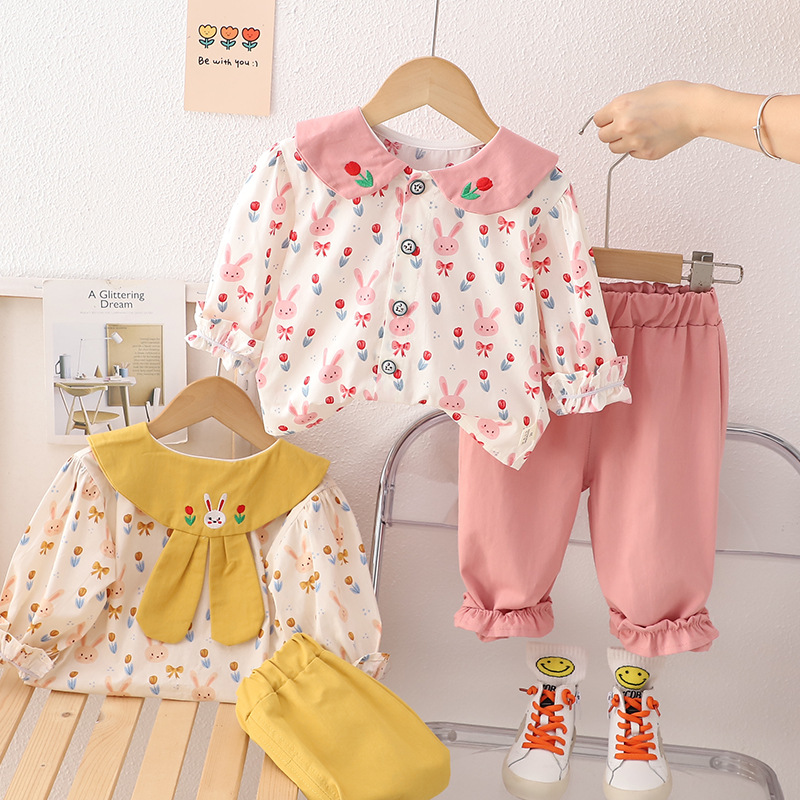 Cute printed lapel long-sleeved shirts for infants and girls, new spring and autumn style children's clothing, sweet two-piece shirt sets for delivery