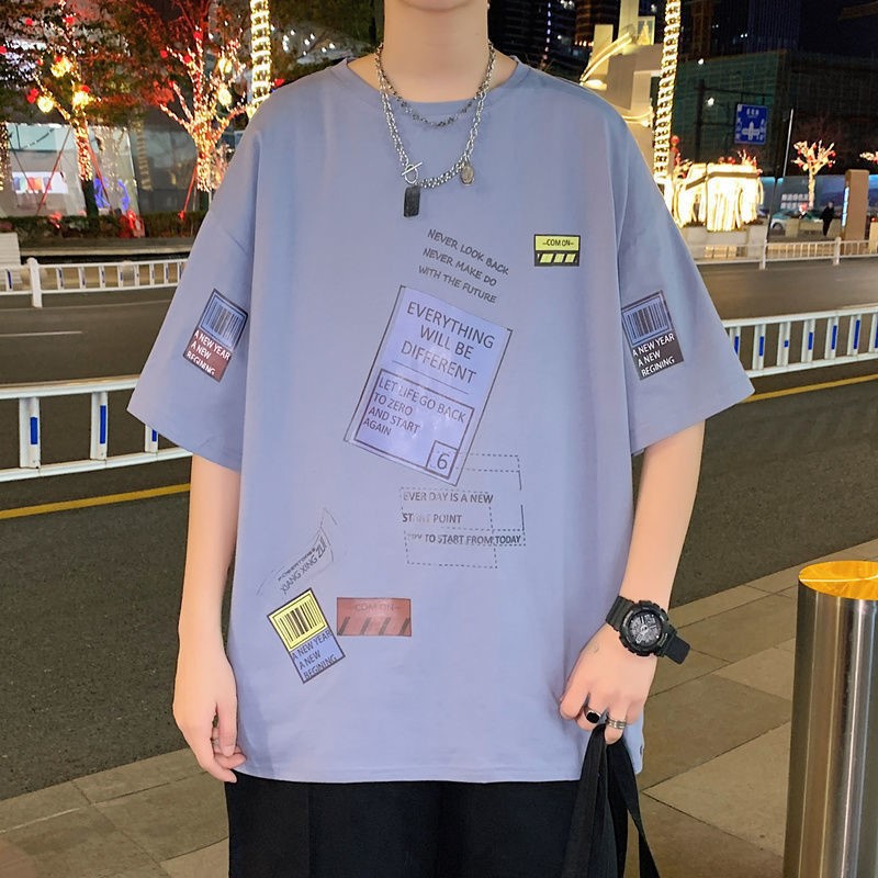 Korean men's summer short-sleeved T-shirt, cotton, trendy, versatile and cool on Instagram, men's half-sleeved T-shirt z Item Picture