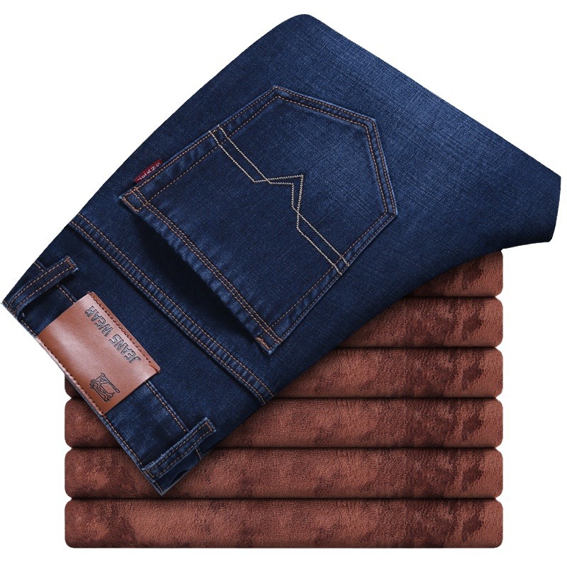 Men's winter new style fleece and thickened jeans, trendy brand loose straight stretch casual slim pants Item Picture