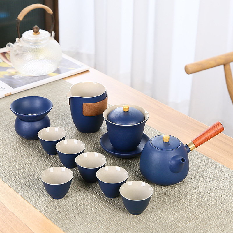 A complete set of Japanese coarse earthenware Lu Bao Kung Fu tea sets, black earthenware tea cups, covered bowls, side-handled teapots, and creative logos for both home and commercial use Specification image