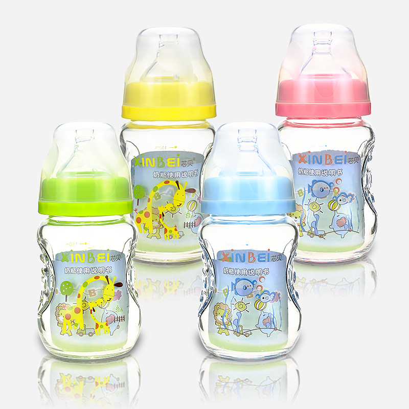 母婴批发 厚身宽口奶瓶 弧形 炫彩多色 玻璃奶瓶 150ML图