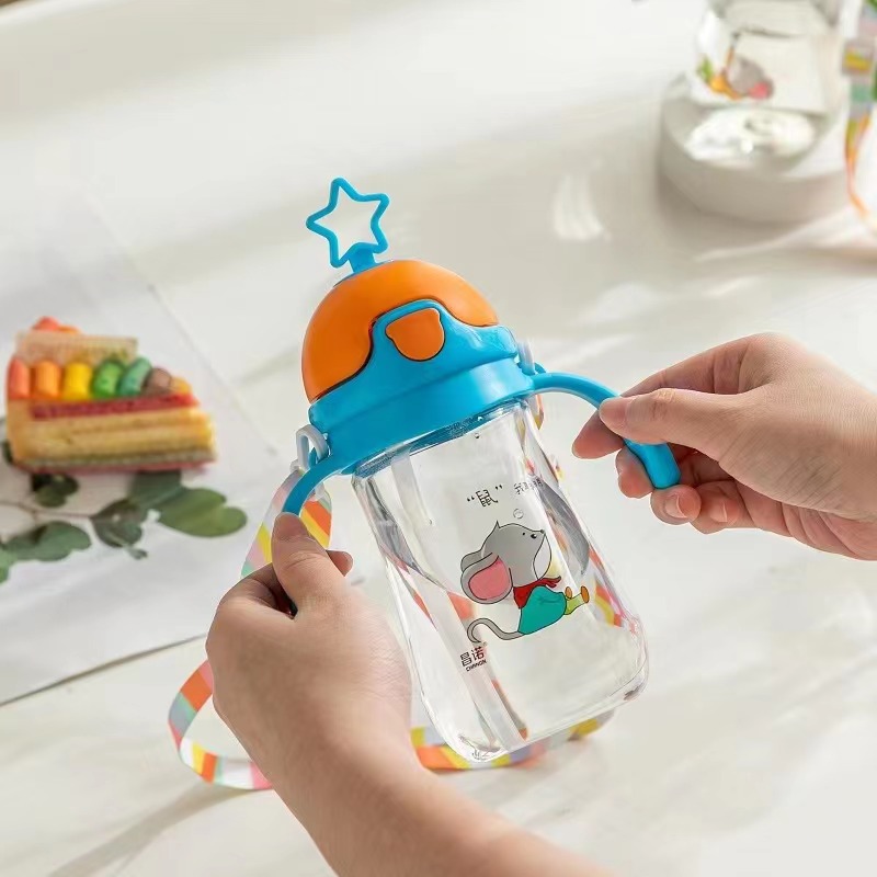 Children's Plastic Water Cup Rabbit Ears Straw Cup Carrier Suction Nozzle Dual-Purpose Cup Portable Baby Water Cup Bounce Out
