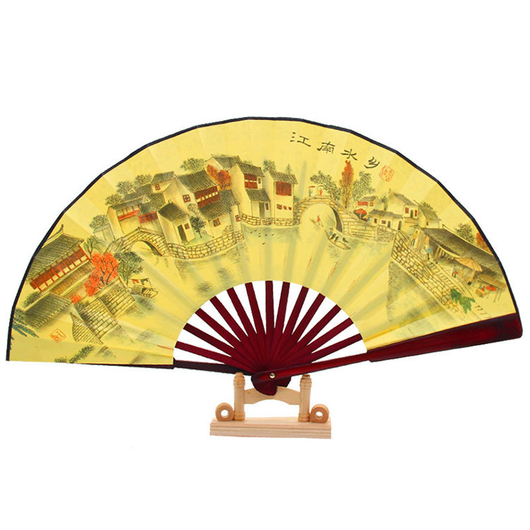 古风10寸男扇中国风双面图案印刷折扇表演道具绢布扇子批发图