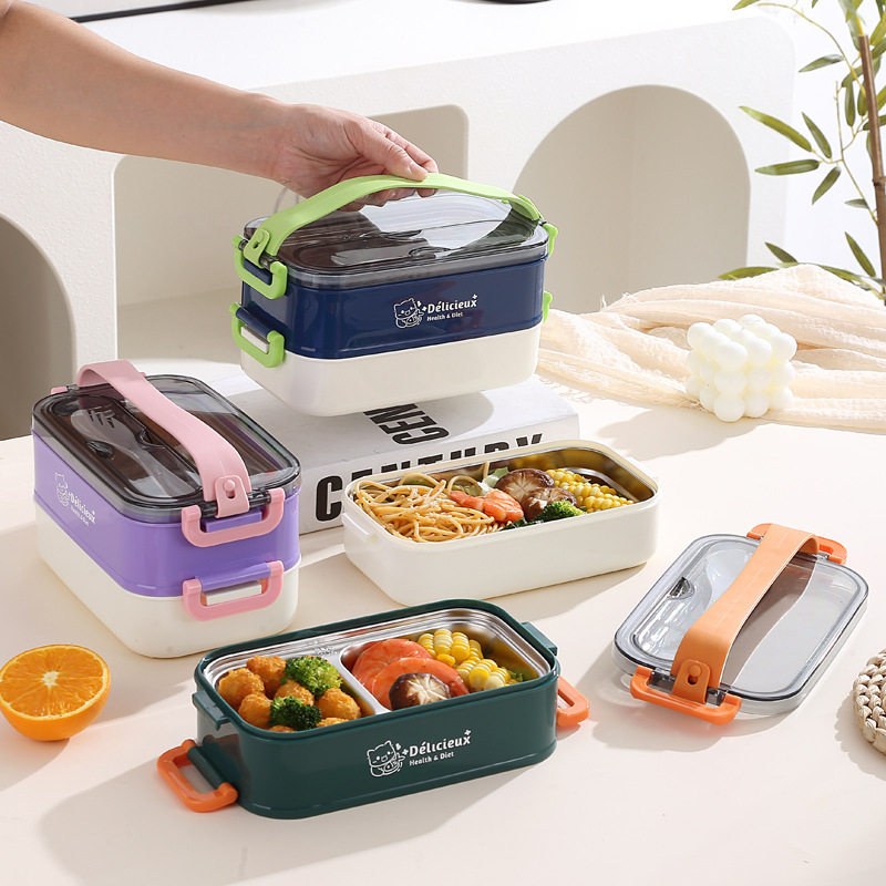 INS304不锈钢双层提手饭盒带餐具分格学生午餐盒可加热便携午餐盒