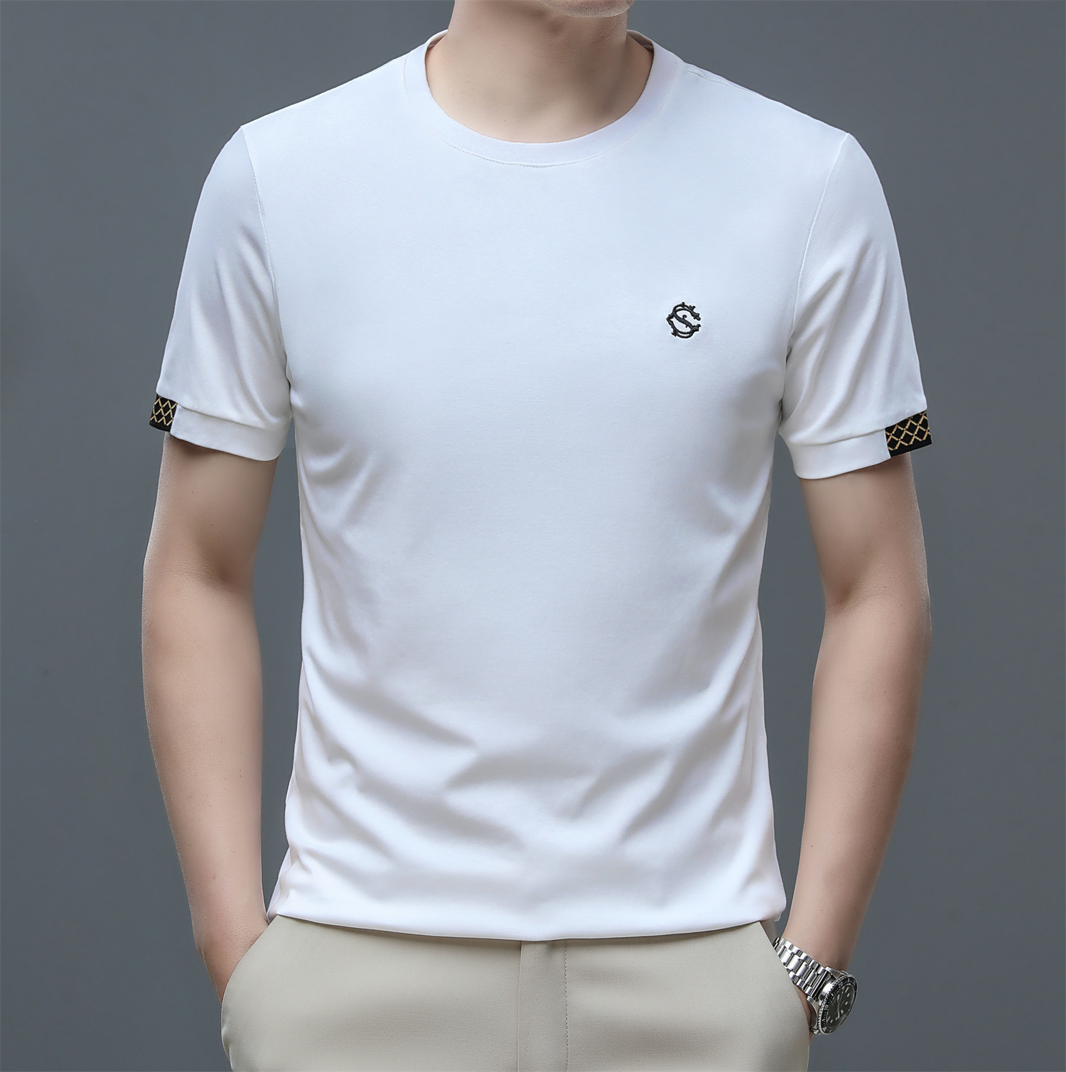 Summer round-neck men's short-sleeved T-shirt, high-end business casual pure cotton thin middle-aged dad dress half-sleeved T-shirt details Picture