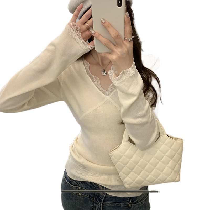 European lace patchwork, elegant long-sleeved wool knitted base layer, Korean-style autumn and winter stylish and unique top for women Item Picture