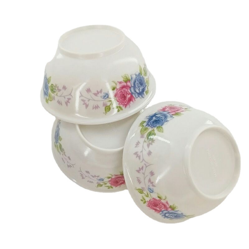 New melamine imitation porcelain bowls, kitchen rice bowls, plastic soup bowls, seasoning bowls, white flower bowls, rice bowls, chopsticks and tableware Item Picture