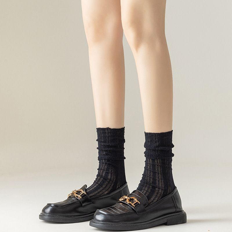 White JK striped mesh pile socks, women's lace cutout calf socks, summer thin breathable mid-calf socks, ins Item Picture