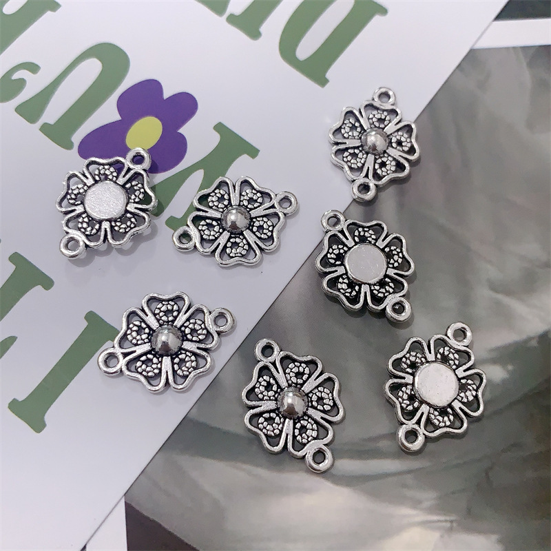 DIY zinc alloy jewelry accessories, double hanging hollowed-out flower simple necklace, bracelet, beaded connector, pendant Specification image