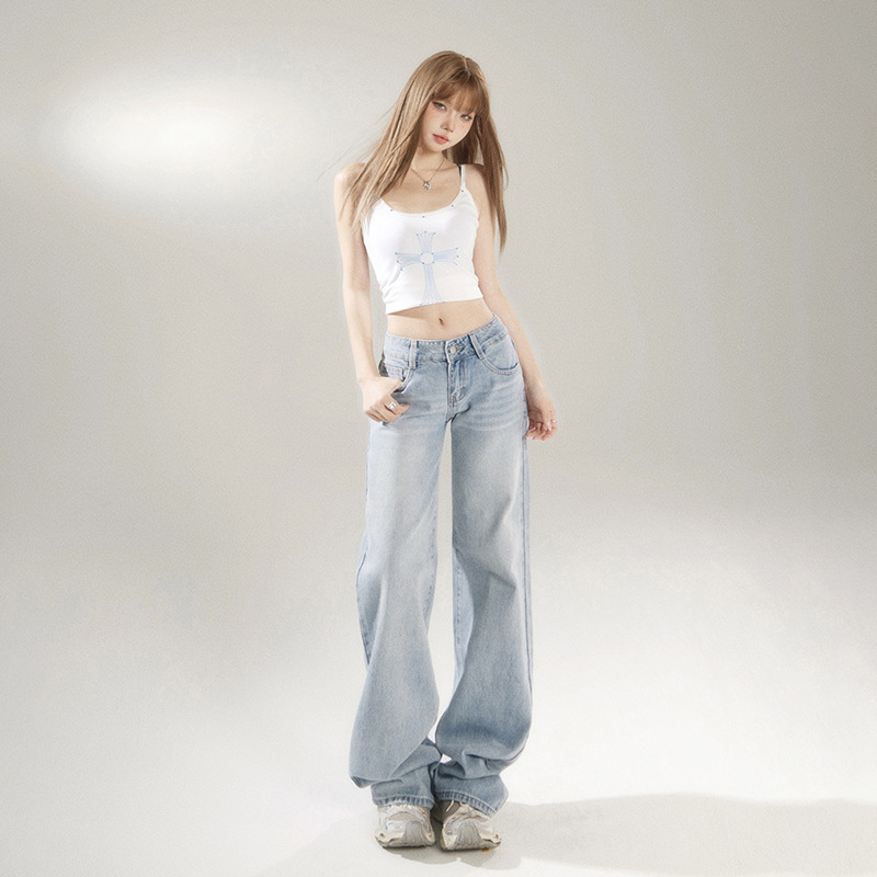 American retro low-waisted spicy girl loose wide-leg pants versatile spring and summer straight-leg jeans for women & long pants