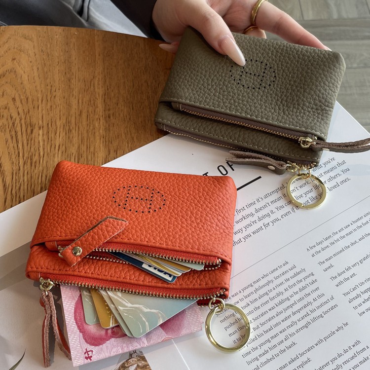 2024 New genuine leather women's loose change bag, top layer cowhide, exquisite and high-end, double zipper, large capacity key small bag for women