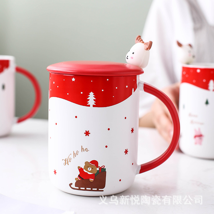 New creative Christmas ceramic coffee cup gift box with lid, spoon, reindeer, Santa Claus, milk cup and mug