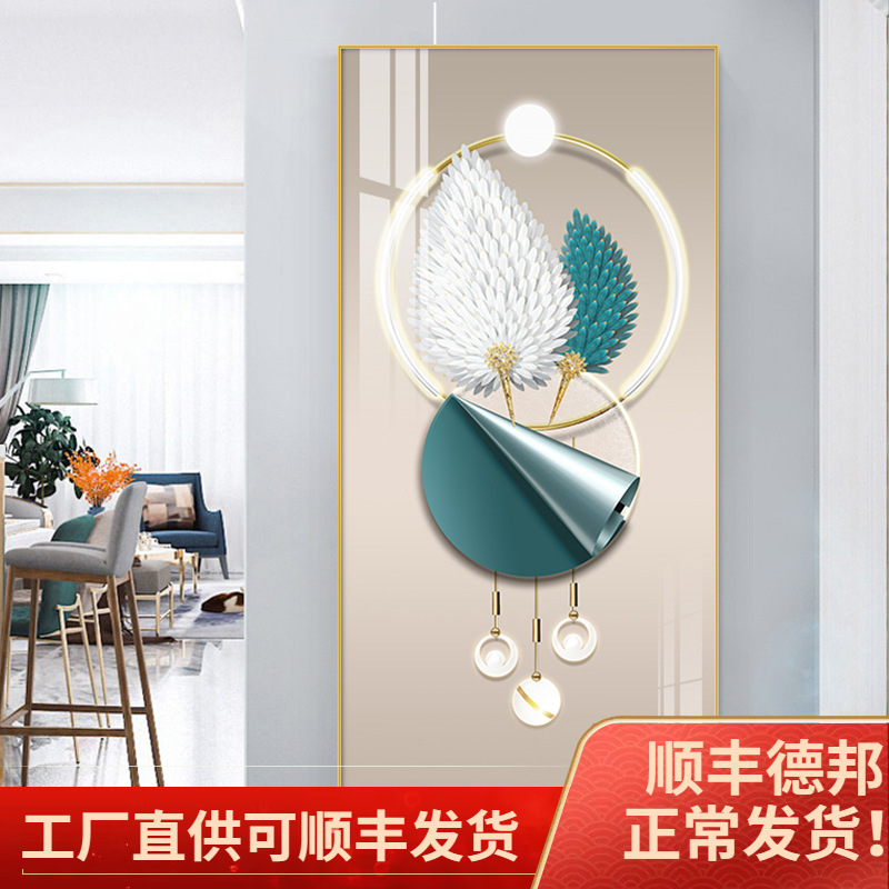 Feather entrance hall decorative painting, modern light luxury living room corridor corridor mural, vertical panel entrance background wall hanging painting details Picture