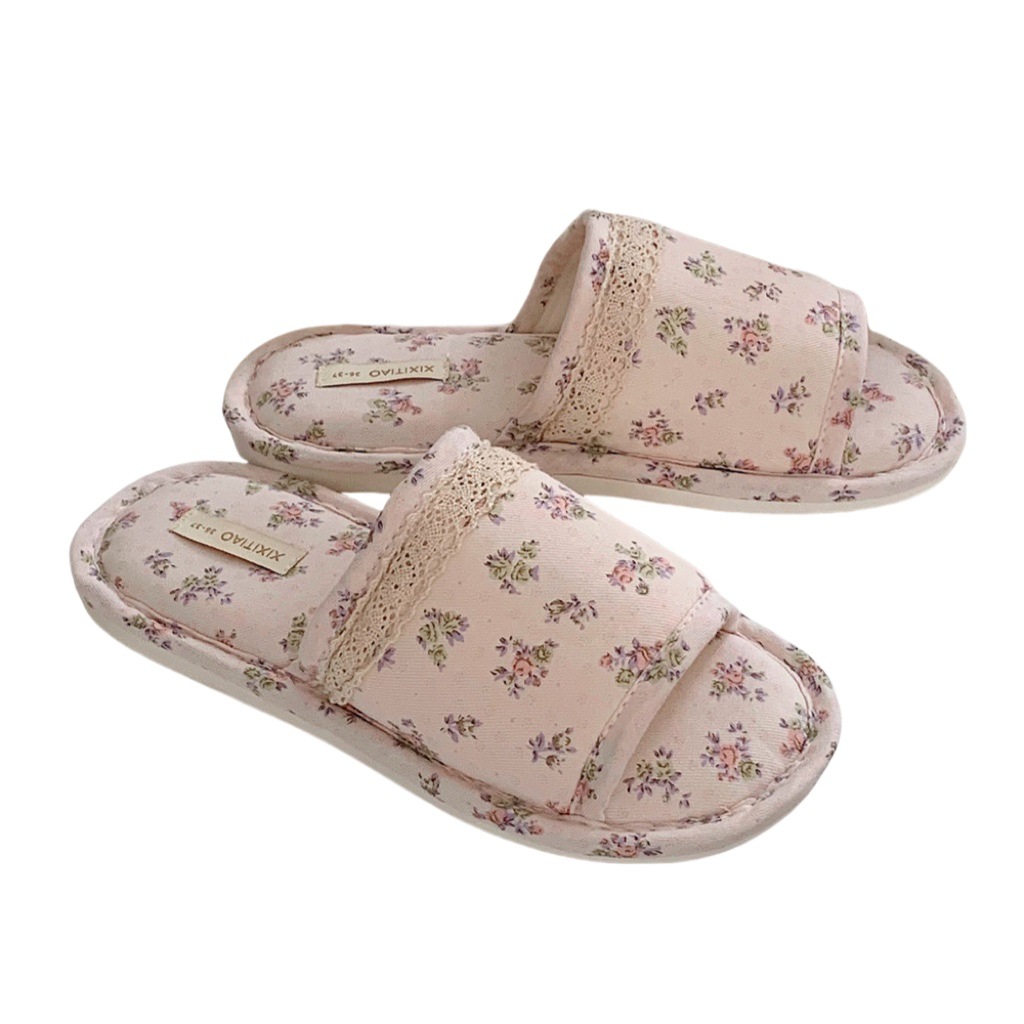All seasons universal vintage floral algodón lino zapatillas para mujeres 2025 nuevo dulce chica corazón lino de casa zapatillas frescas Item Picture