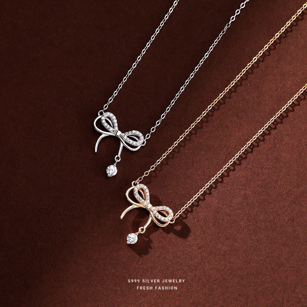 Yun Xiaoshu Cute Hand Made S999 Silver Bow Necklace Pendant Girl Heart Small Fresh Diamond Smart Clavicle Chain