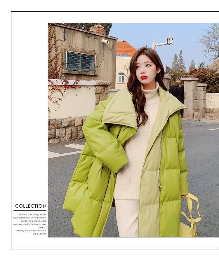 Aguacate verde pato blanco abajo PU piel abajo chaqueta para mujeres estilo mediano largo diseño de nicho sentido influencers estilo explosivo abrigo sin lavado pic 26