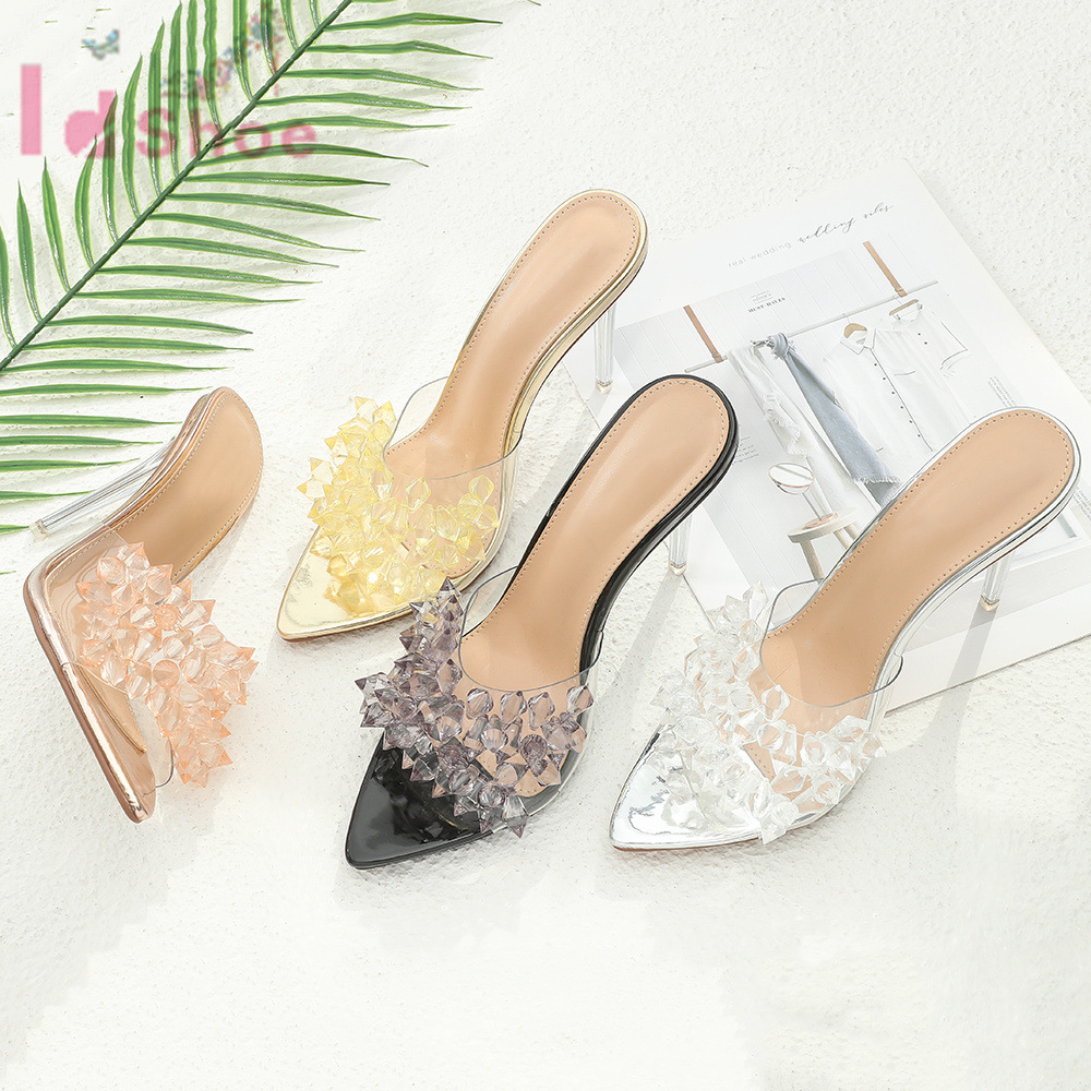 2022 Spring New Transparent Crystal Fine Heel Pointy Shallow Mouth High Heels Female After Empty Rhinestone Baotou Sandals Female