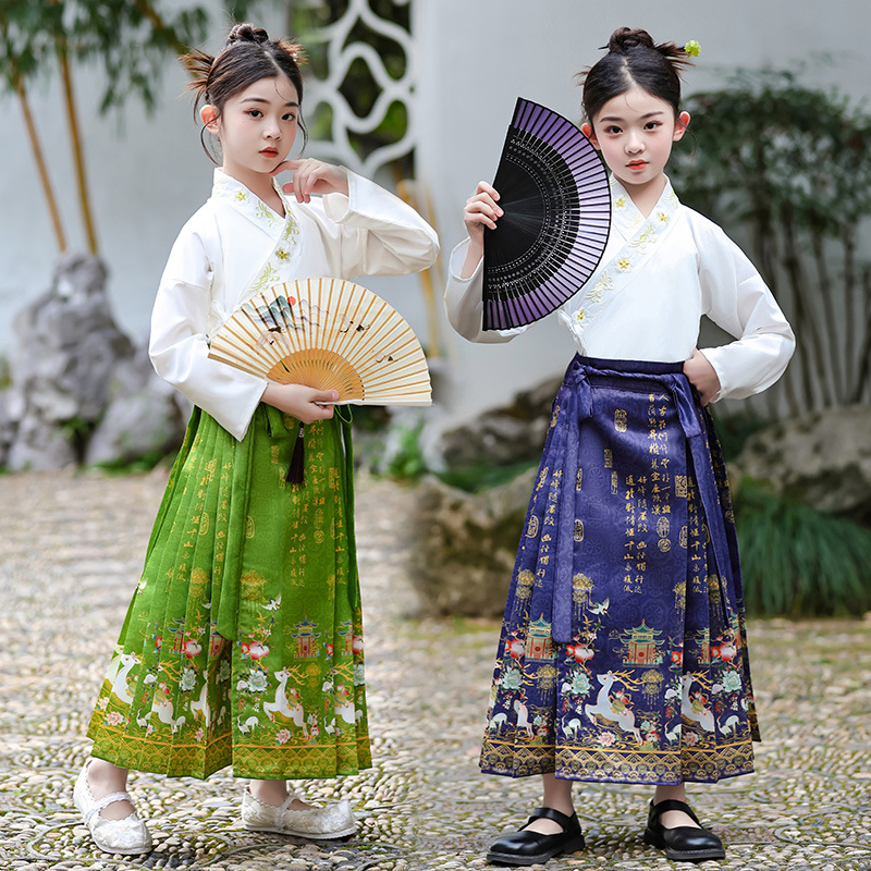 National Trend - Hanfu for boys and girls, Chinese-style performance costumes, girls' super ethereal Chinese style Tang suits, children's horse face skirts, ancient costumes, traditional Chinese culture evening gowns Specification image