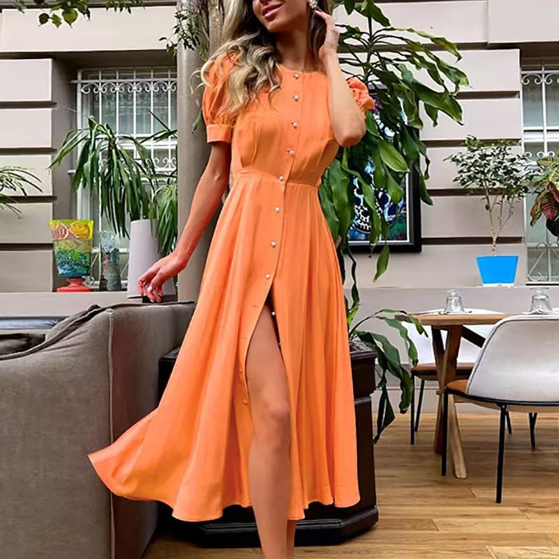2025 Independent Station Cross-border European and American women's clothing new cardigan slimming and elegant high-waisted dress with short sleeves Application Scenario