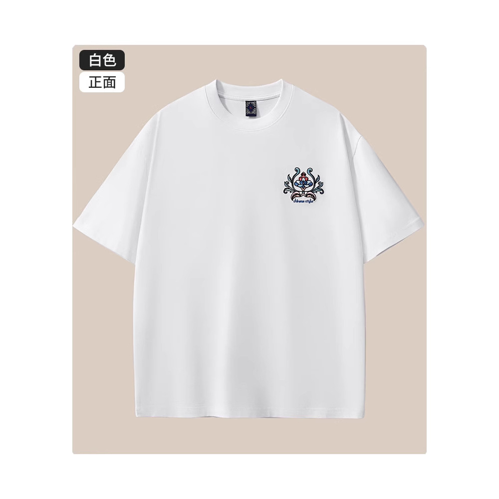2025 New short-sleeved T-shirt for men, 260 grams, heavy pure cotton, Chinese-style floral embroidery, loose and large-sized men's fashion brand details Picture
