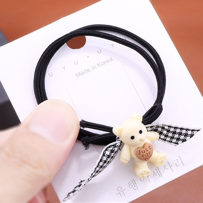 Korean cute little bear rubber band, checkered bow, black hair tie, cartoon head accessory, ponytail hair tie, hair accessory Application Scenario