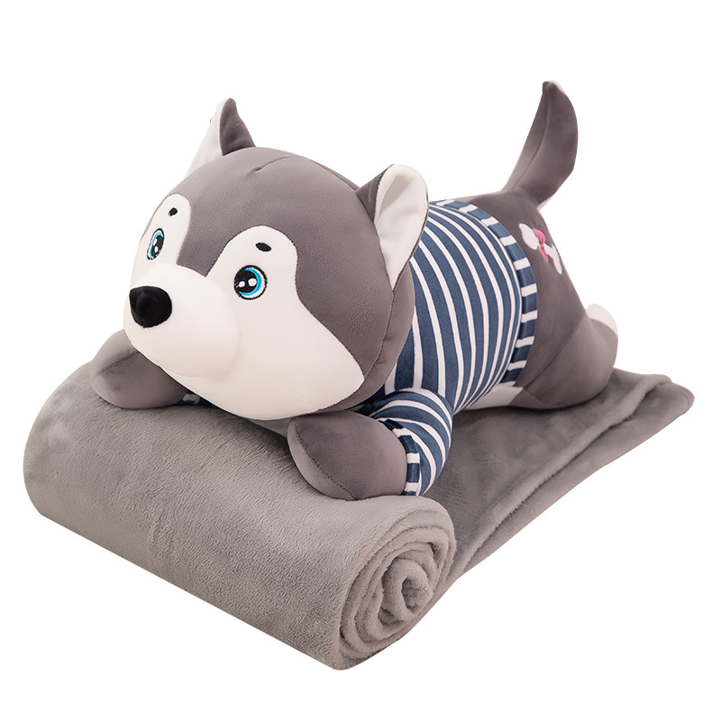 New cartoon Husky throw pillow blanket, cute striped dog doll, air conditioner blanket, children's throw pillow blanket wholesale from the manufacturer Item Picture