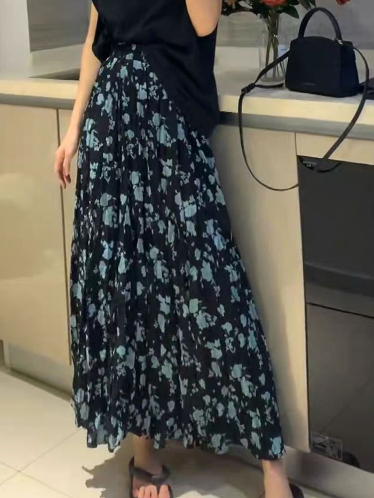 法式复古高腰碎花半身裙女夏季2024新款百搭时尚显瘦中长款百褶裙